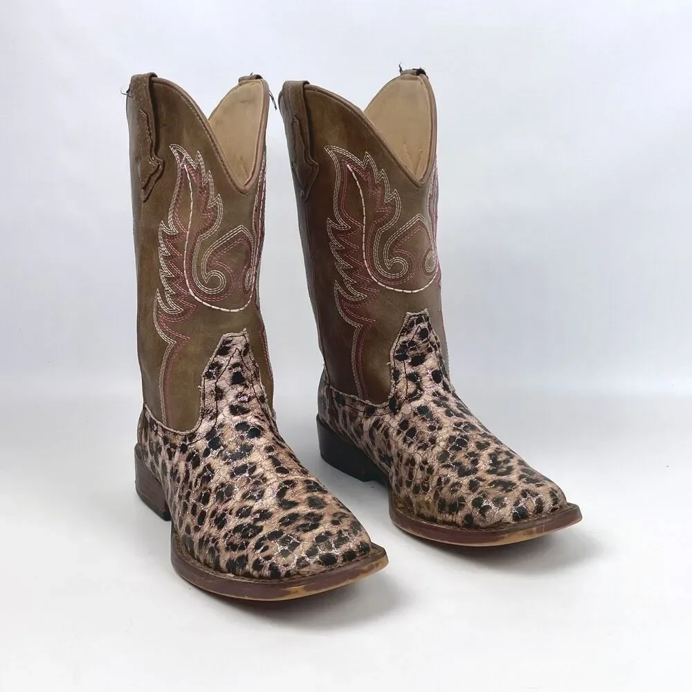 ROPER Little Kids Girls Size 3 Glitter Leopard Square Toe Western Cowboy Boots
